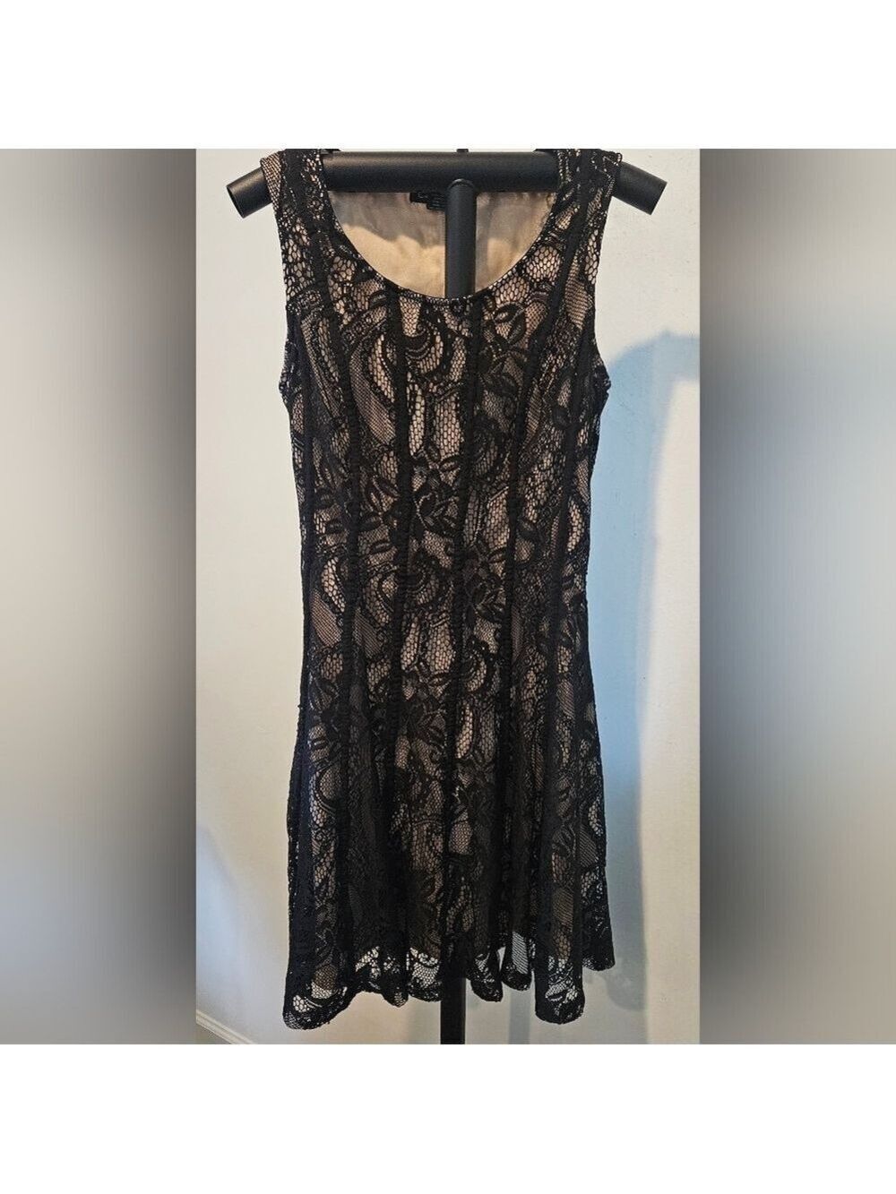 Candalite Women's Black Lace Fit & Flare Mini Dress, Nude Lining, 4P